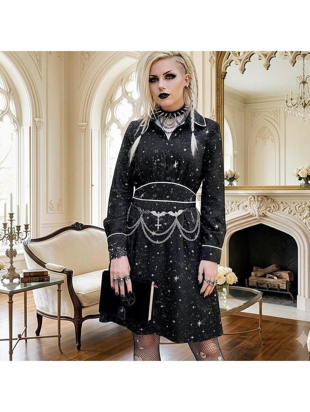 Vintage Indi Y2K Goth Celestial Gothic Star Print Shirt Dress